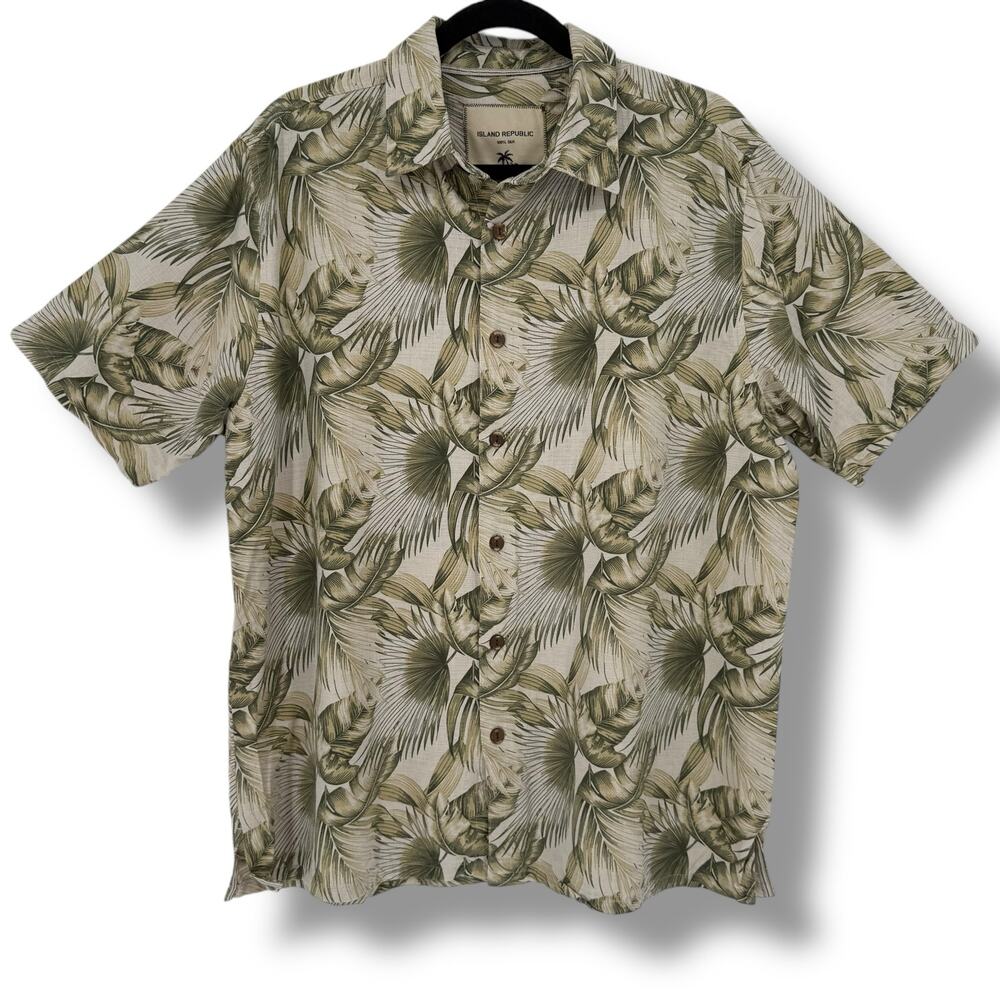 Vintage Y2K Island Republic Camp Shirt Tropical Palm Leaf Print 100% Silk Mens M